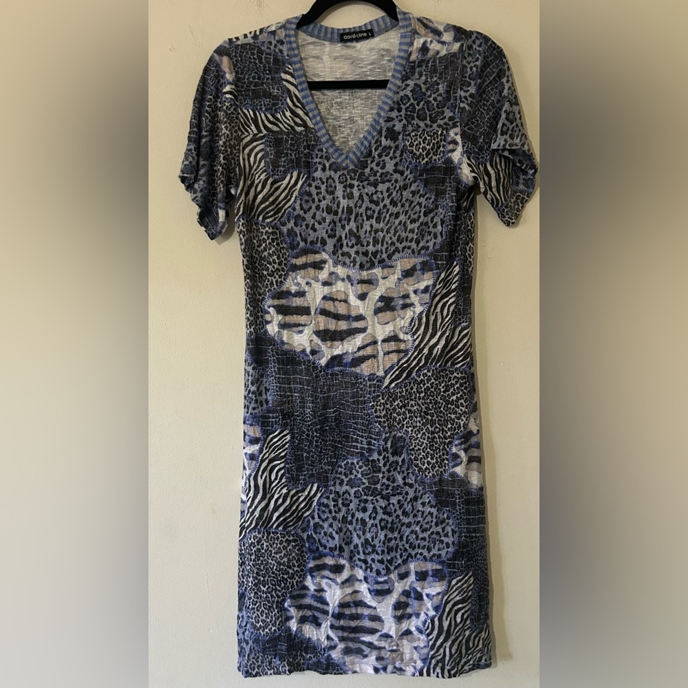 David Cline Blue and Gray Animal Print Mini Dress